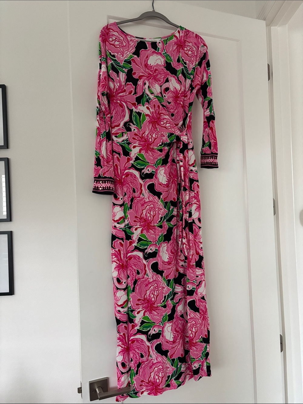 Lilly Pulitzer Pink Floral Maxi Wrap Dress with Green Accents